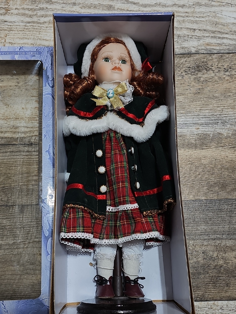 Porcelain Holiday Doll in Green & Red Plaid Outfit